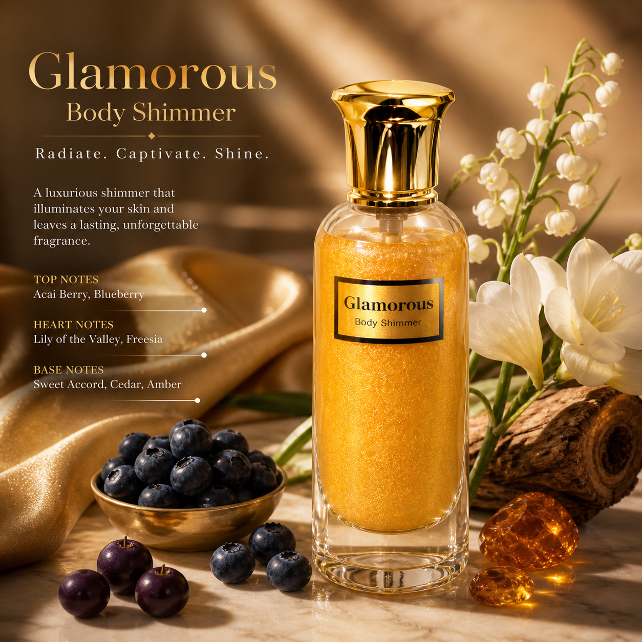 Glamorous Body Shimmer – Luxury Radiant Glow Oil with Fruity Floral Fragrance | Long-Lasting Illuminating Body Mist for Silky, Glowing Skin