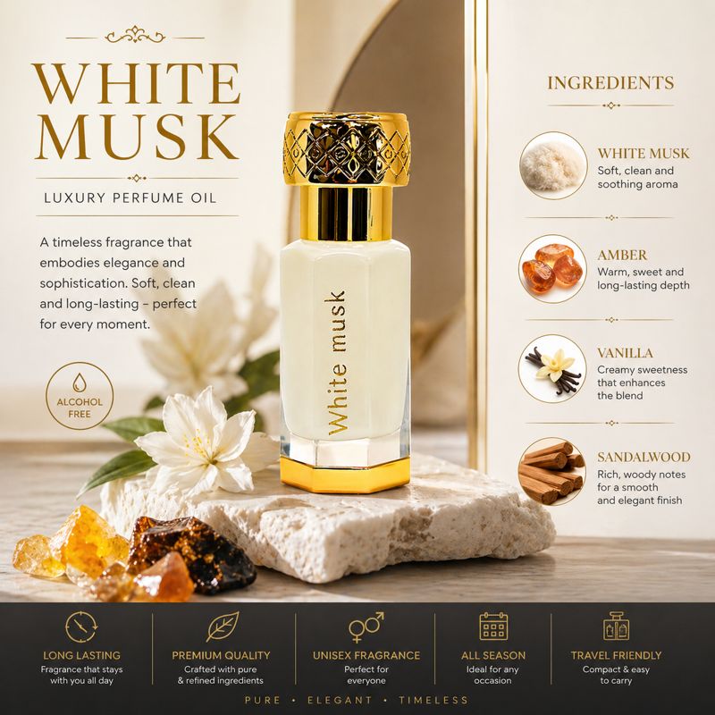 White Musk Perfume Oil 12ml – Luxury Arabian Musk for Men & Women