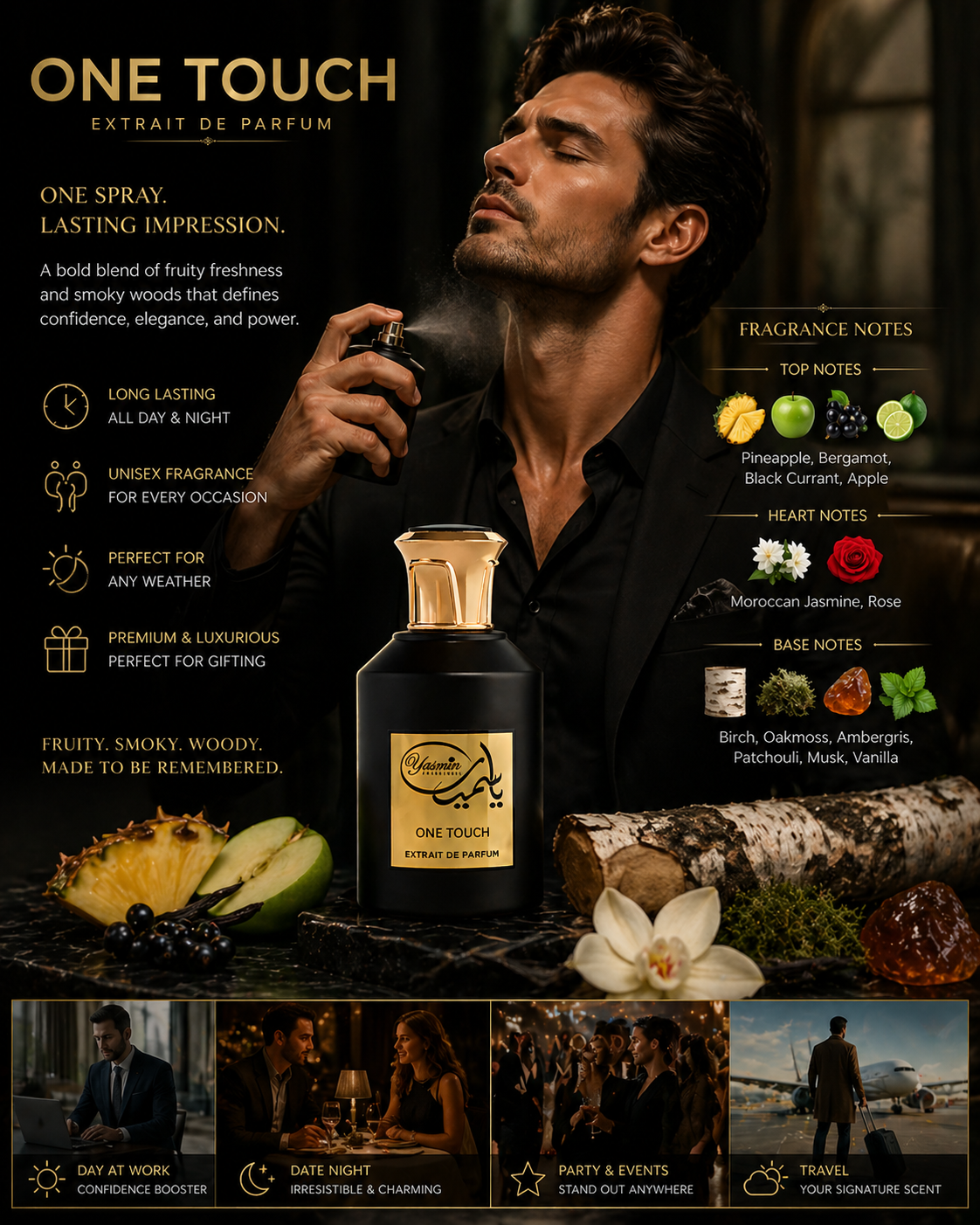 One Touch Extrait De Parfum 100ml – Luxury Long Lasting Fruity Woody Smoky Unisex Perfume for Men & Women