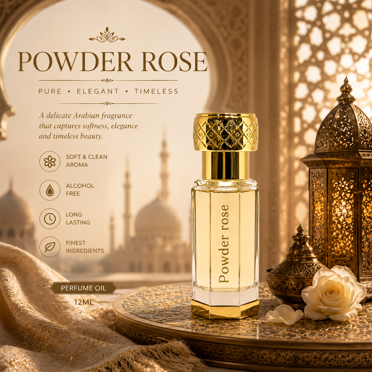 Powder Rose Perfume Oil 12ml – Luxury Soft Powdery Rose Fragrance for Men & Women