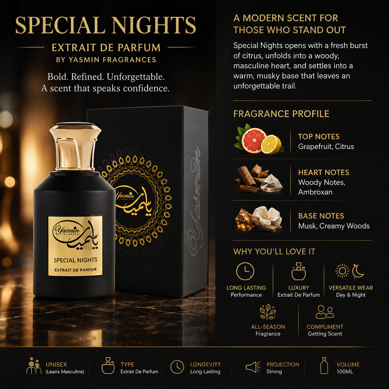 Special Nights Extrait De Parfum 100ml – Long Lasting Unisex Luxury Perfume | Citrus Woody Musk Fragrance