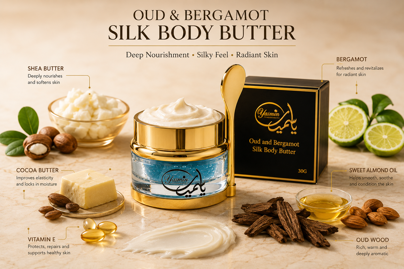 Oud & Bergamot Silk Body Butter 30g – Luxury Hydrating Body Cream for Silky Smooth Skin