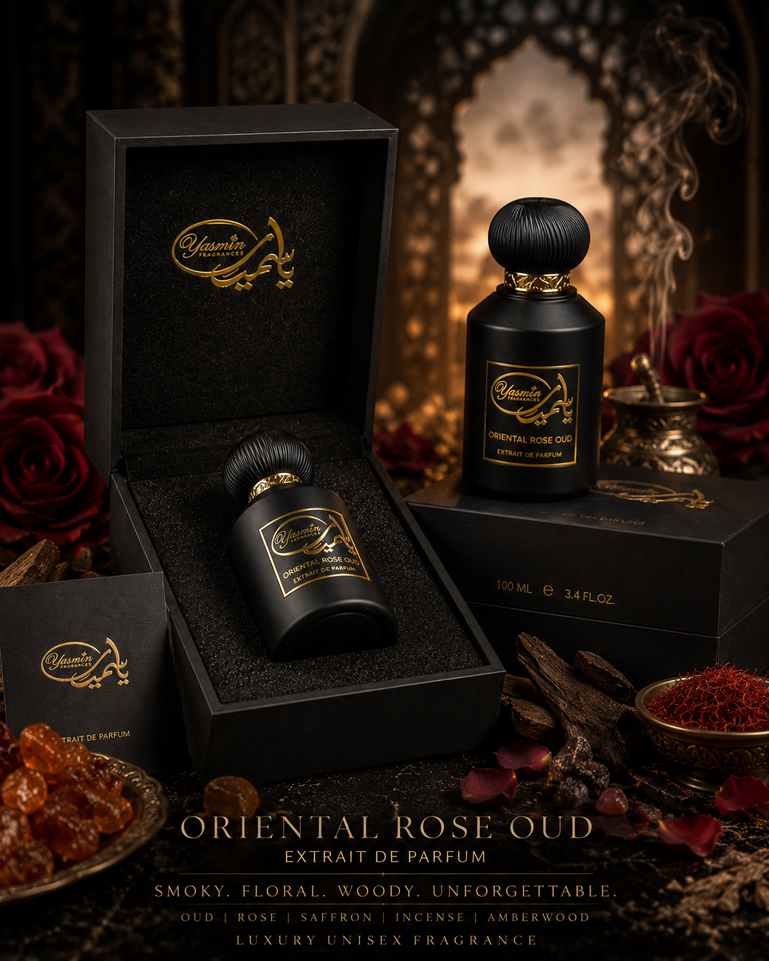 Oriental Rose Oud Extrait De Parfum 100ml – Luxury Long Lasting Unisex Oud Fragrance with Rose, Saffron & Amberwood