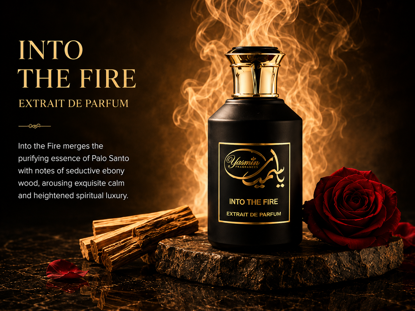 Into The Fire Extrait De Parfum 100ml – Luxury Woody Perfume with Palo Santo, Ebony Wood & Rose
