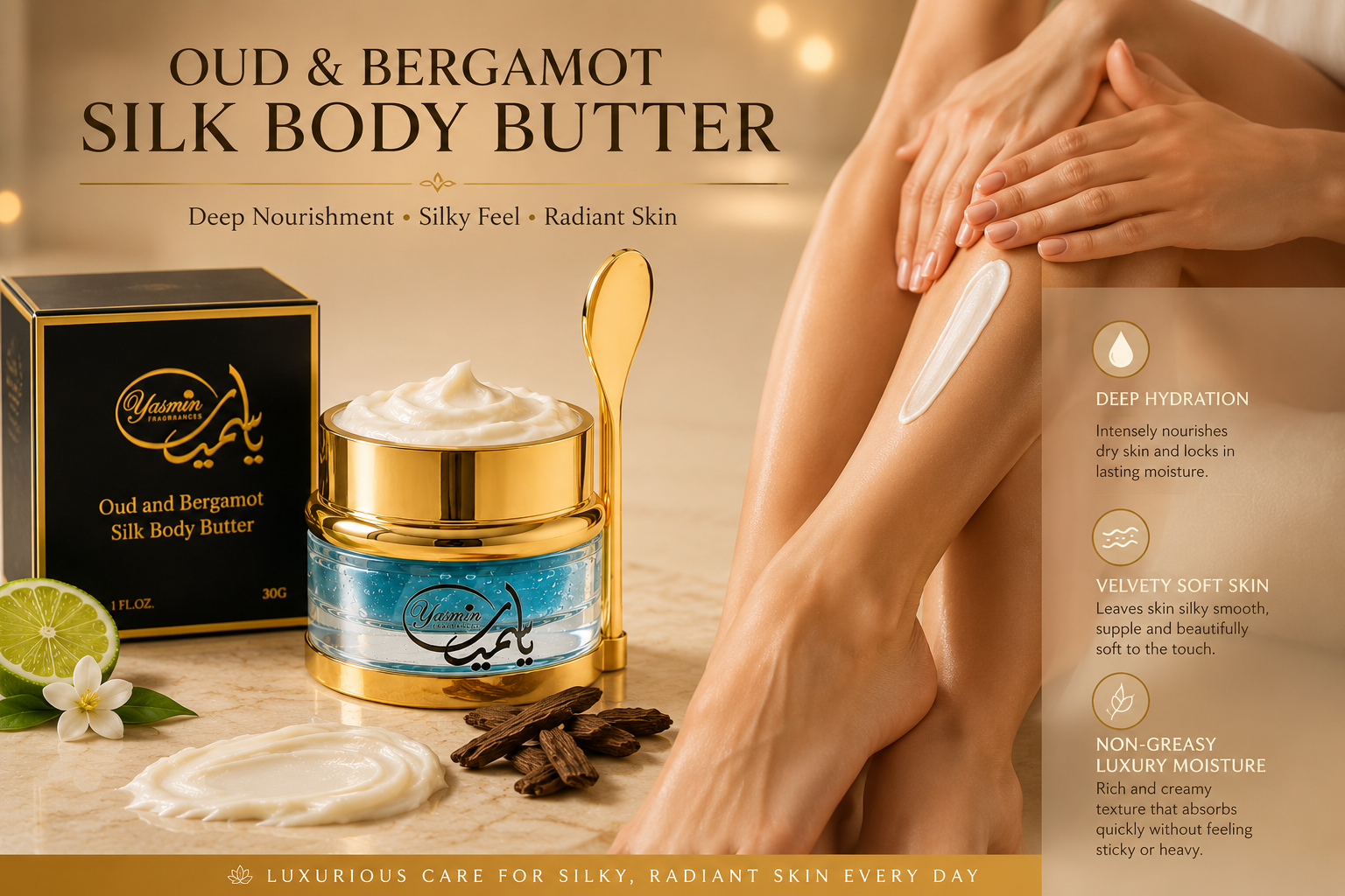 Oud & Bergamot Silk Body Butter 30g – Luxury Hydrating Body Cream for Silky Smooth Skin
