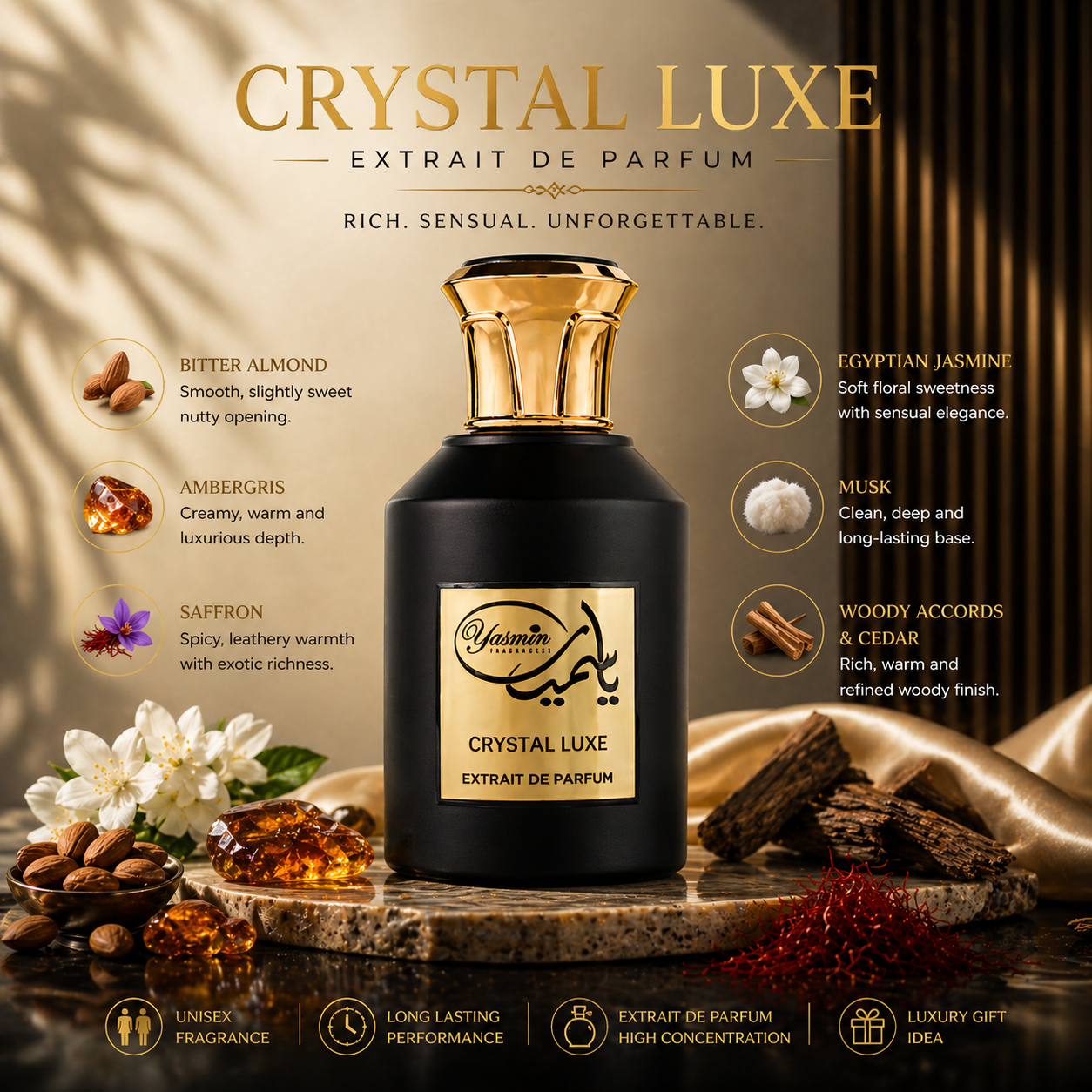 Crystal Luxe Luxury Perfume 100ml – Rich Amber & Musk Long Lasting Fragrance